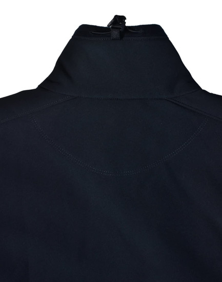 A black ladies softshell hi-tech jacket featuring a high collar and zipper detail at the back.
