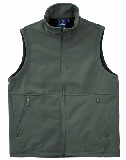 A men's softshell vest in dark green, featuring a zip front and two side pockets. Includes a logo on the chest.