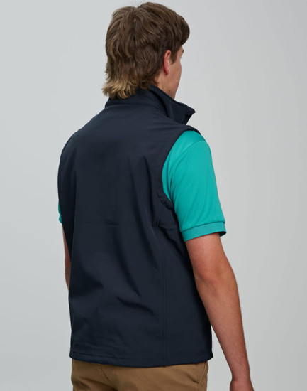 A navy men's softshell vest with a high collar, featuring a logo, shown from the back. 