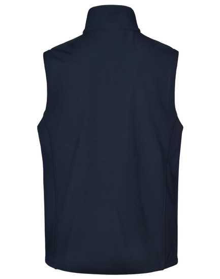 A navy men's softshell hi-tech vest featuring a high collar and a logo on the back.