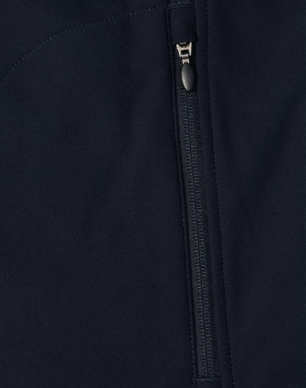 A dark navy softshell vest featuring a zippered closure and a logo on the fabric.