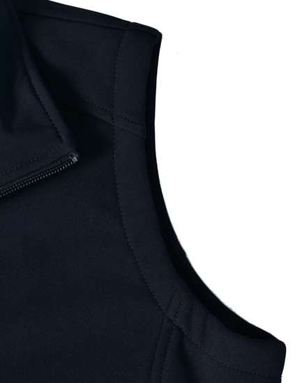 A close-up of a black ladies' softshell hi-tech vest featuring a zippered collar and a sleek design.
