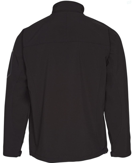 A black softshell jacket featuring a high collar and a logo on the sleeve. The back view displays a sleek design.