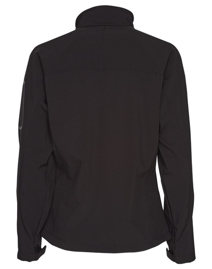 A black softshell jacket with a high collar and fitted design, featuring a logo on one sleeve.