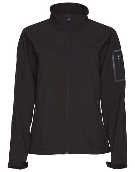 A black ladies' softshell jacket with a high collar and zippered pockets. It features a logo on the sleeve.