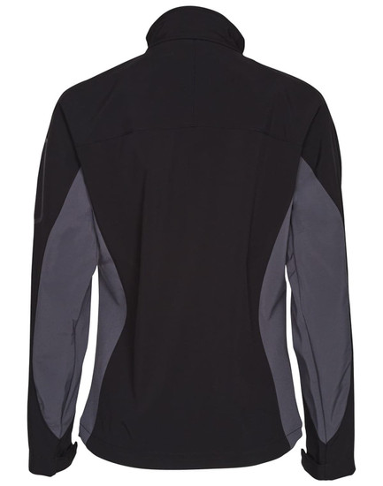 A softshell jacket in black with grey contrast panels, featuring a high collar and a logo on the sleeve.