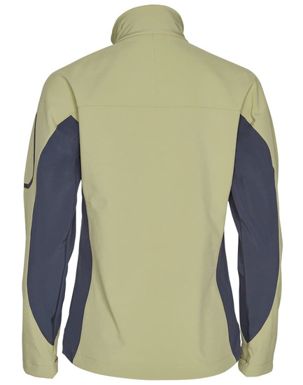 A softshell jacket in light green with navy contrasting panels, featuring a collar and long sleeves. It has a logo.