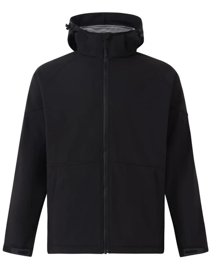 A black men's softshell full zip hoodie with a grey interior, featuring a zip closure and a logo on the chest.