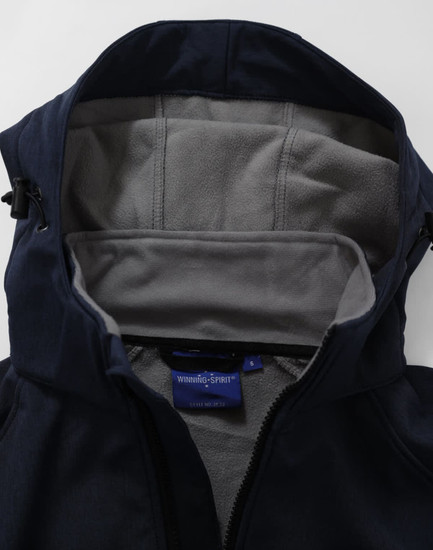 A navy softshell full zip hoodie with a grey fleece-lined interior and hood. Features a small logo inside.