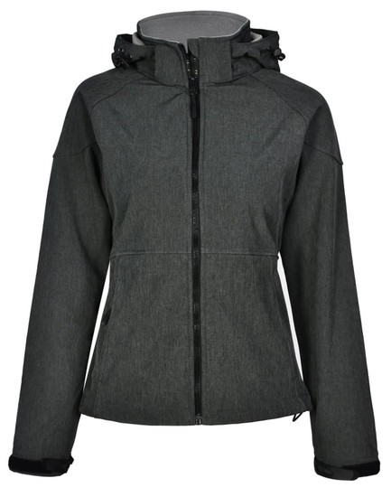 A dark grey ladies' softshell full zip hoodie with a hood, featuring a logo and a fitted design.