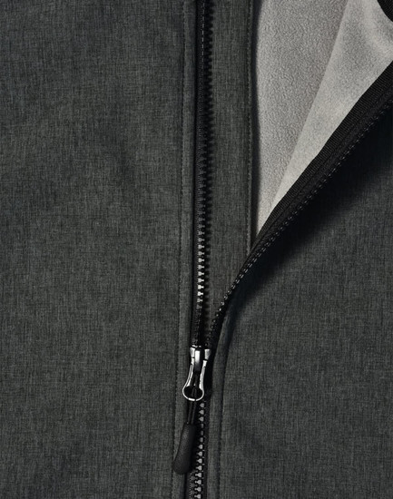 A softshell full zip hoodie in dark grey featuring a zip closure and interior fleece lining. It has a branding logo.