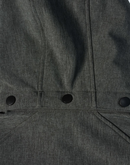 A softshell full zip hoodie in dark grey, featuring snap buttons and a simple design, includes a logo.