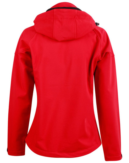 A red softshell full zip hoodie with a hood, featuring a branded logo on the back.
