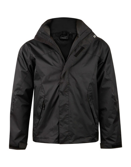 A black ladies' versatile jacket featuring a hood and zip pockets, with a logo on the front.
