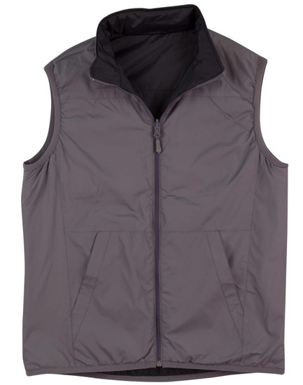 A grey versatile vest with a zippered front and two front pockets, featuring a collar and a branded logo.