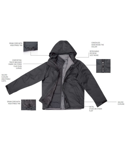 A black versatile vest with a detachable hood, adjustable drawcords, and metal storm flap stoppers. It features a logo.