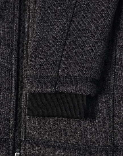 A dark heather grey fleece jacket with a black ribbed cuff and zipper detail. It also features a logo.