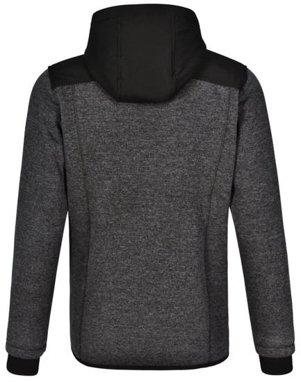 A black and grey men's jacket with a hood, featuring a quilted body and heathered sleeves. It has a logo on it.