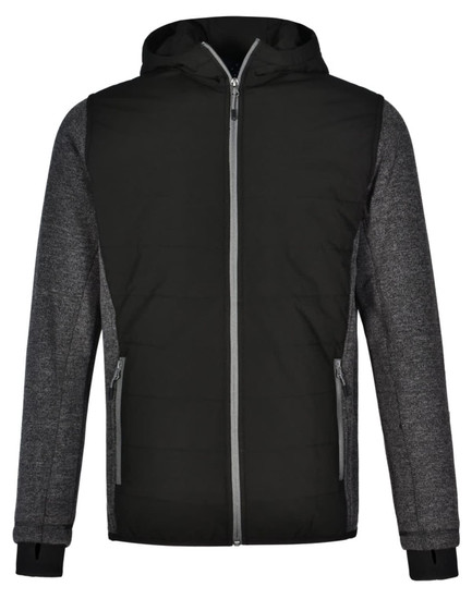 A men's jacket featuring a quilted body in black and grey with a hood and zippered front. It has pockets and a logo.