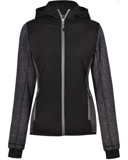 A ladies' black heather sleeve and quilted body jacket with a hood and zippered front pockets.