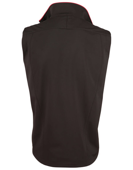 A black men's softshell contrast vest featuring a red trim and a logo on the back.