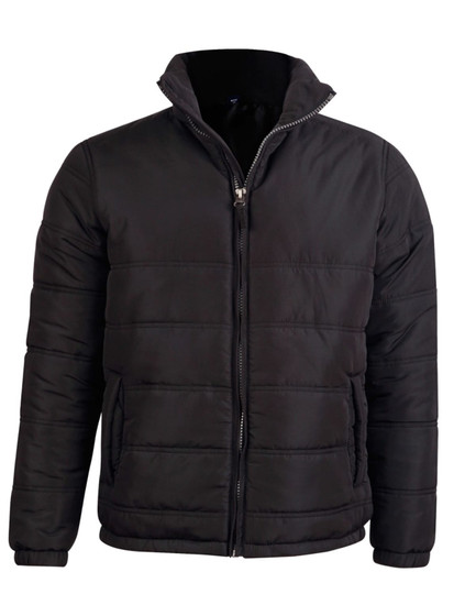 A black heavy quilted jacket with a zip front and high collar, featuring a logo on the chest area.