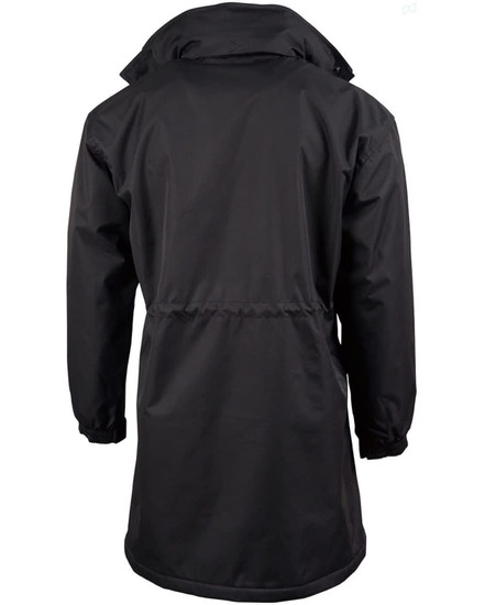 A black long line stadium jacket featuring a drawstring waist and elastic cuffs. It has a logo on the back.