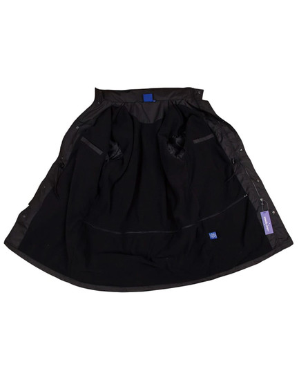 A long line stadium jacket in black, featuring a lined interior and pockets, with a branding tag visible.