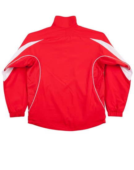 A red track jacket with white accents and a high collar, featuring a logo on the front.