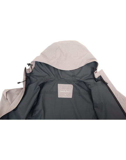 An interior view of a light grey men's waterproof performance jacket featuring a hood and a logo tag inside.