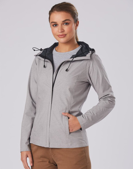 A waterproof performance jacket in light grey with a black hood and adjustable features. It has a subtle logo.