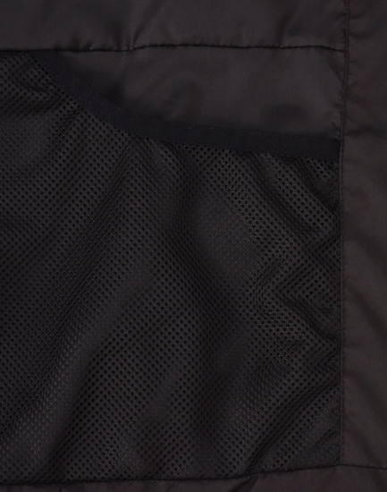 A black parka jacket featuring a textured inner pocket and smooth exterior materials. Includes a logo.