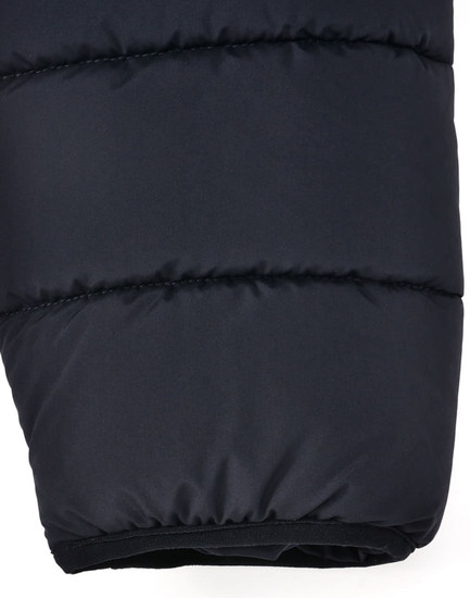 A black insulated puffer jacket featuring a 3D cut and a logo. The jacket is plush and slightly shiny.