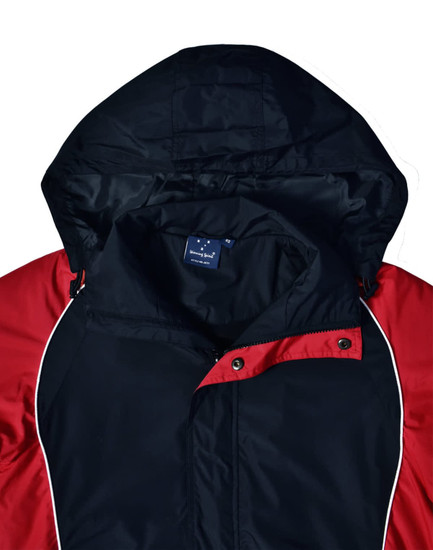 A unisex jacket featuring a black and red colour scheme, with a hood and a branded label inside.
