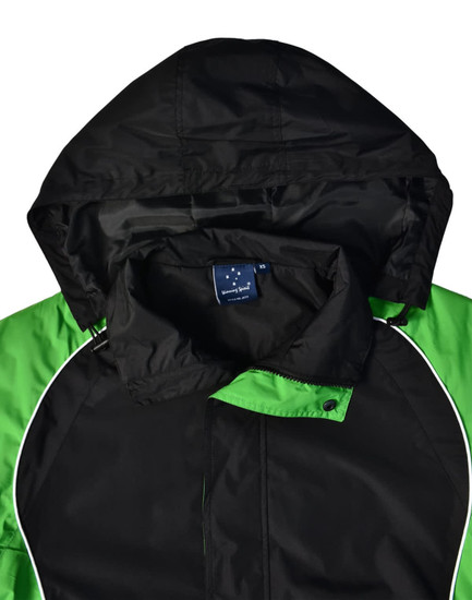 A unisex jacket featuring a black and green design with a hood and a visible logo.