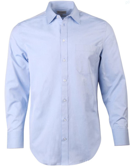 A light blue long-sleeve button-up shirt with a single chest pocket and a logo on the collar.