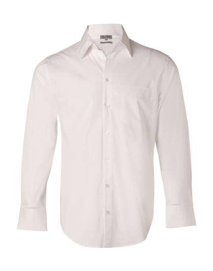 A white long-sleeved button-up shirt with a chest pocket and branding. Made from cotton/poly stretch material.