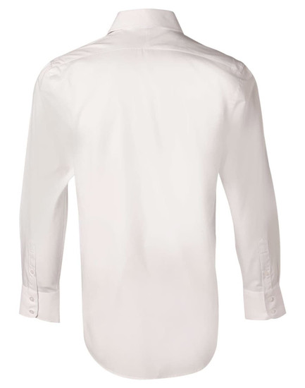 A white men's fine twill long-sleeve shirt, featuring a button-up design and a plain back. Logo present.