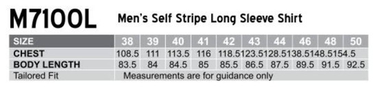 A size chart for the Men's Self Stripe Long Sleeve Shirt, detailing chest measurements and body lengths in centimetres.