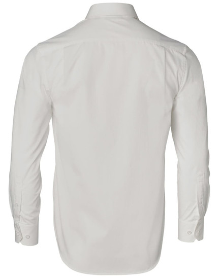 A long-sleeved, button-up shirt in white with a dobby striped texture, featuring a collar and branding on the back.