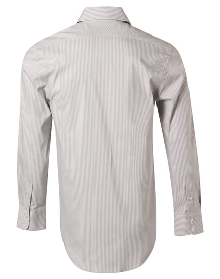 A long-sleeve button-up shirt featuring a grey and white ticking stripe pattern, with a classic collar and a branded label.