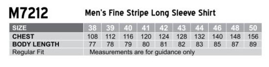 A table displaying sizes and measurements for the Men's Fine Stripe Long Sleeve Shirt, in a regular fit.