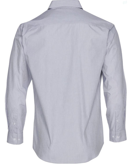 A grey and white striped long sleeve button-up shirt featuring a classic collar and a branding logo.