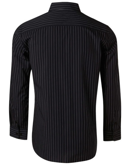 A black long sleeve shirt with white pin stripes and a back view, featuring a logo on the collar.