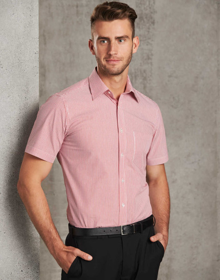 Men's short sleeve button-up shirt in red and white stripes, featuring a chest pocket and a logo.