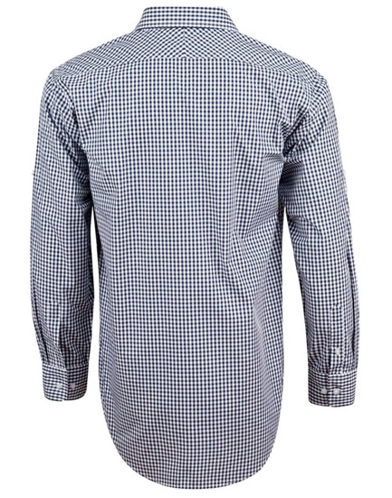 A men's long-sleeve shirt featuring a navy and white gingham check pattern, with roll-up sleeves and a logo.