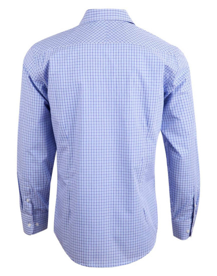 A long-sleeve shirt featuring a two-tone blue check pattern, with a classic button-up design and a logo on the back.