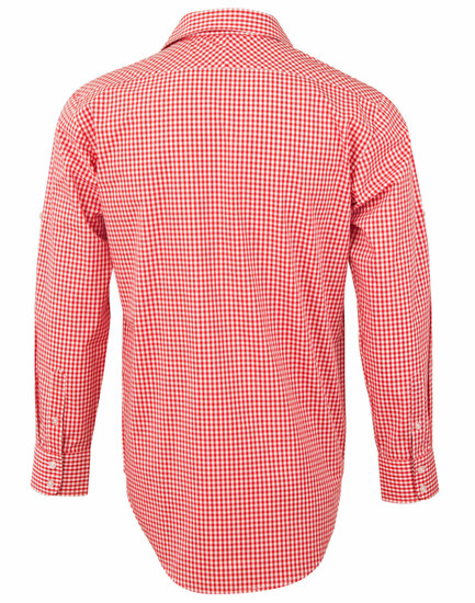 A red and white gingham check roll-up long sleeve shirt with button cuffs and a branded logo.