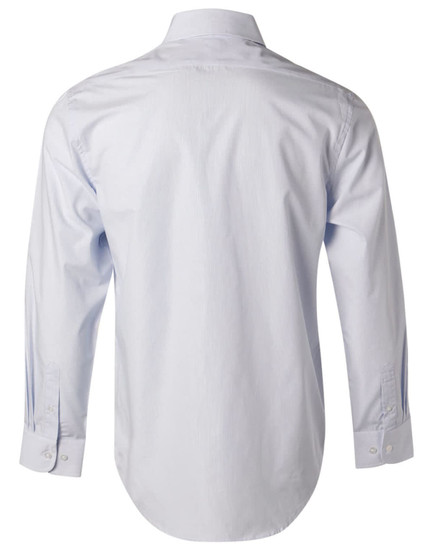 A light blue long-sleeve button-up shirt with a classic collar and a logo on the back.