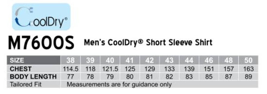 A table displaying sizing information for the Men's Cooldry Short Sleeve Shirt in various measurements.
